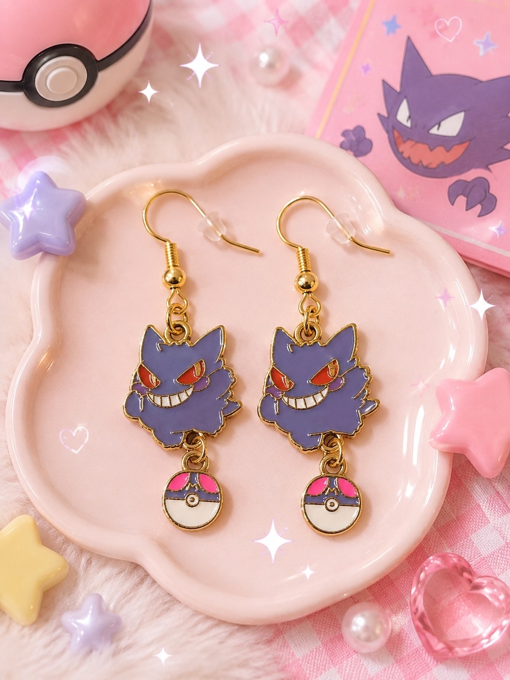 Purple Gengar Dangle Earrings with Pink Poké Ball Charm